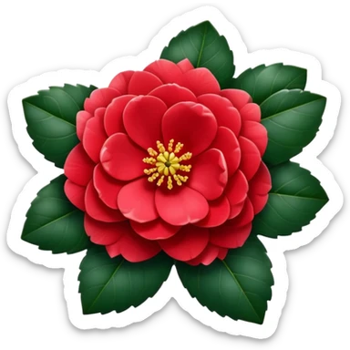 Traditional red camellia japonica (tsubaki) flower with perfectly symmetrical layered petals and glossy dark green leaves sticker