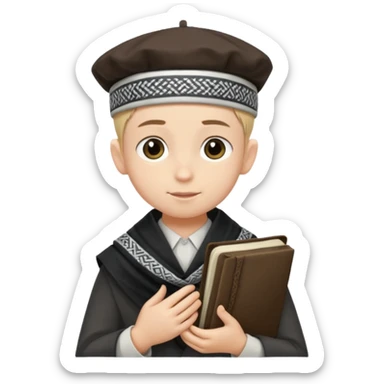 a boy with kippa and not a hat putting on tefillin sticker