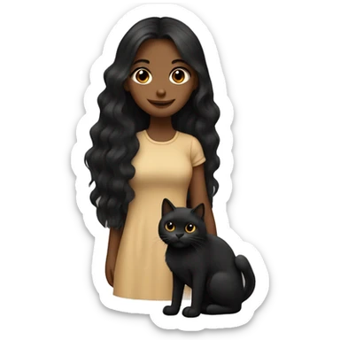 Tan girl with long dark hair holding a fluffy black cat sticker