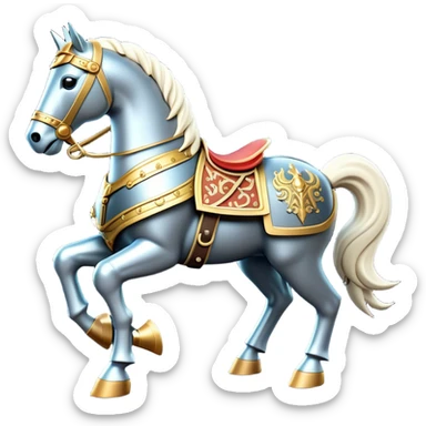 Clash of Clans aesthetic: Cinematic Playful Armored Horse Emoji, rendered in a 3D vector-style similar to standard emojis with minimal shading and bold, simplified shapes. A compact, isometric warhorse outfitted in intricately detailed armor with noble accents, softly glowing with a gallant medieval carriage charm. Simplified yet unmistakably iconic, highly detailed and consistent, glowing with a soft radiant shine and high polish. Stylized with a touch of heroic elegance and a soft glowing outline, capturing the essence of a noble steed ready for battle with a friendly, playful air! sticker