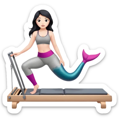 Create a Pilates emoji: a girl with fair skin and black hair, wearing a grey bra and grey leggings with pink pilates socks, doing  mermaid on a wooden reformer. Make it look at the reformer. Make the colors neutrals. sticker