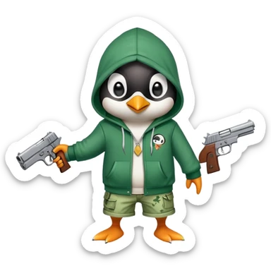 A cute half-dolphin half-penguin thug with a gun, wearing a blood-stained green hoodie and Dollar General shorts sticker
