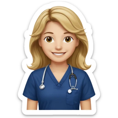 Long wavy brown hair with blonde highlights and a navy blue scrub top smiling sticker