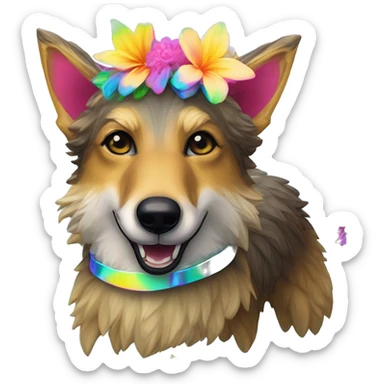  brindle fluffy lurcher Alsatian fox running blue eyes fluffy ears and iridescent holographic oilslick harness wearing paper iridescent tropical flower crown yellow caution tape neon sign sticker