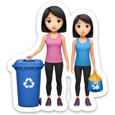 generate a genmoji of a black haired girl in a pink tank top and black leggings holding a black trash bag. Standing with her is a brunette girl in a similar blue tank top and black leggings.
Standing in front of a dustbin sticker