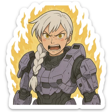 making an angry scowl rage face, rage aura,  female, wearing reach spartan armor shoulder-unequip, long white braid hair with massive messy front side single bangs, gold yellow eyes, attention pose, D-cup size, HALO:series, no helmet, the armor is lavender color scheme, sticker