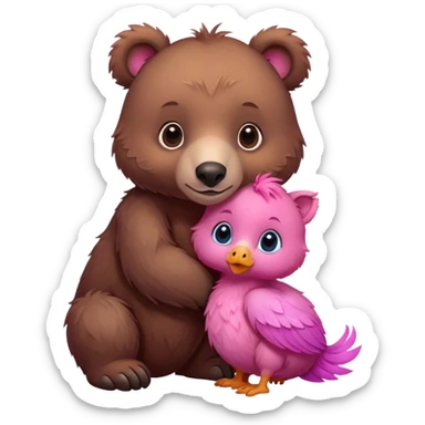 A cute realistic brown bear and a realistic cute pink dodo closely together. In the middle a brown kitten sticker