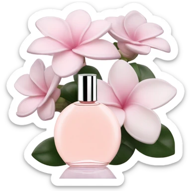 Aesthetic view of blush pink gardenias with a classic violet perfume bottle.
 sticker