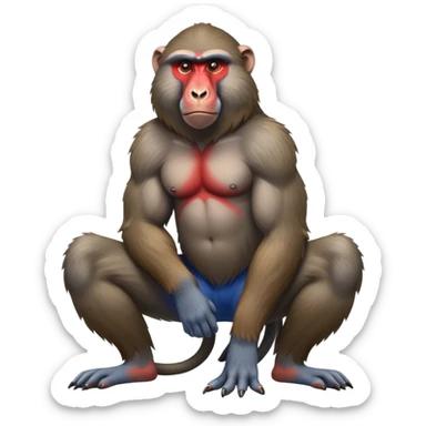 cinematic-baboon-realistic-full-body-sitting-emoji,-muscular-arms-resting-on-its-knees,-head-tilted-dramatically,-thick-grey-and-brown-fur,-bright-red-and-blue-muzzle-standing-out,-simplified-yet-realistic-focused-features,-highly-detailed,-glowing-with-an-almost-sarcastic-glow sticker