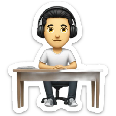 white man with black hair and headphones sitting relaxed with a desk in front of him sticker