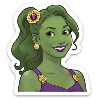 Animated woman inspired by Disney’s Hercules, with long brown hair styled in a single high ponytail with wavy ends. A signature curl falls over her forehead. She wears a flowing purple dress with golden brooches on the straps and has a confident, playful smirk sticker