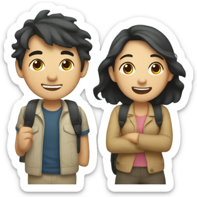 Cute Asian couple (girl with wavy long hair guy with short straight hair) excitedly traveling  sticker