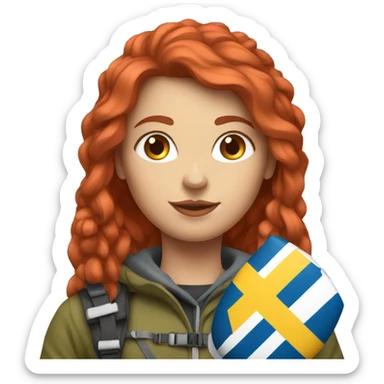 female winter mountaineer red hair holding greek flag and easter egg sticker