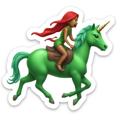 a green amazon alien woman on a four-legged red unicorn sticker