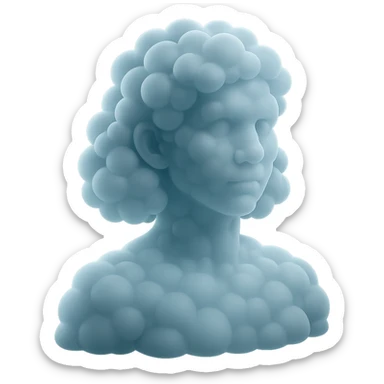 person looking straight, composed entirely of bright convex clouds, shoulder length, matte glass style sticker