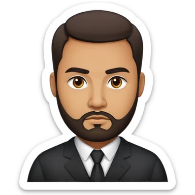 Heavier-set producer with light brown skin, pear-shaped face, full cheeks, serious dark eyes, thick eyebrows, wide nose, confident expression, short well-groomed beard, very short dark hair, wearing a black dress shirt sticker