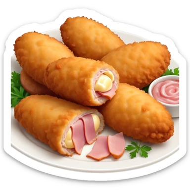 Cinematic Realistic Croquetas Dish Emoji, showcasing crispy, creamy croquettes filled with ham or chicken rendered with lifelike textures and appetizing, dynamic lighting. sticker