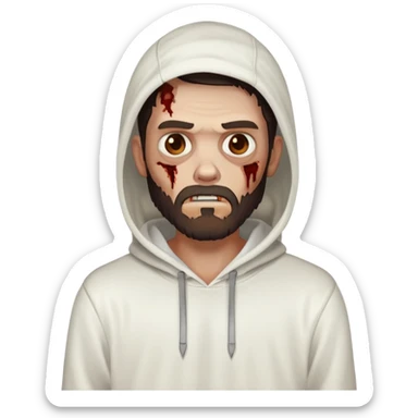 thinking zombie wearing plain white hoodie with no designs, dark brown hair and short full beard sticker