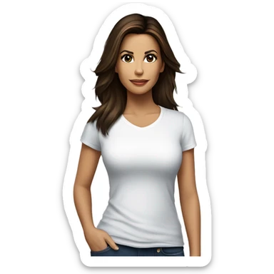 3/4 face, contrasted, shadow, light, Eva Longoria expression, standing, thin nose, brunette woman, hazel eyes, long eyelashes, dark shoulder shaded hair, white t-shirt, jeans, white sneakers sticker
