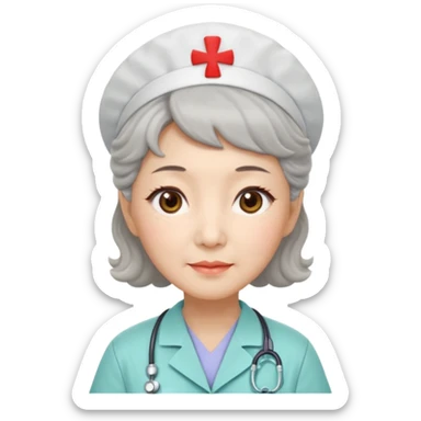 Chinese woman 62 years old, kind caring expression, short practical perm, brown eyes, pastel colored nurse uniform (retired) sticker