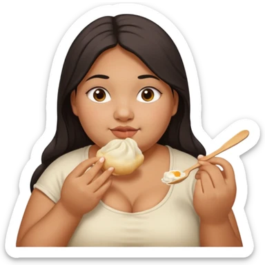 Can you create an emoji of a half Indian - half white 23 year old girl with dark brown mid length hair and brown eyes who is super obese and eating a dumpling. Can the emoji be from head to toe sticker