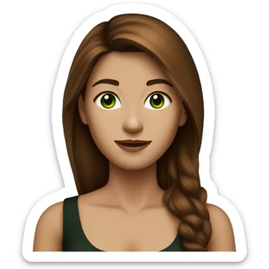 Attractive woman with waist long chestnut-brown hair, dark green eyes, and a black top sticker