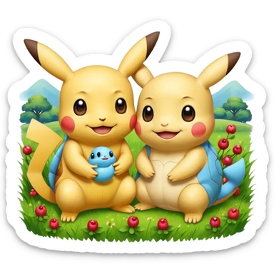 Two Pokémon are playing in a field. Pikachu has a light to share, but Squirtle has none. Pikachu sees this is unfair, so he shares the berries with Squirtle. They smile and eat together. Show this as a cute Pokémon emoji scene about justice and fairness.

 sticker