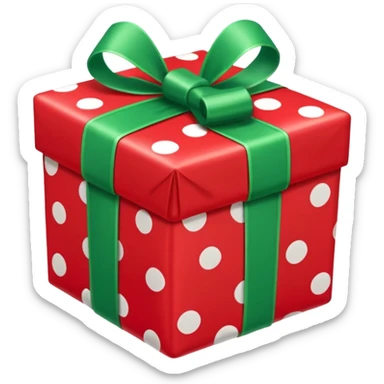 A red gift tied with a green ribbon in a white polka dot, sticker