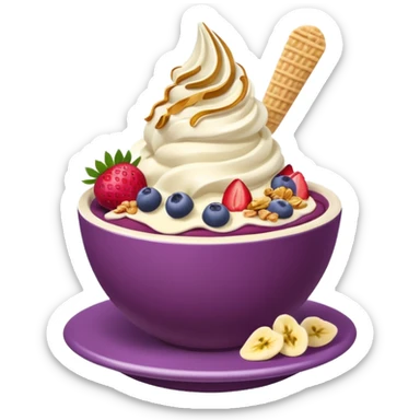 acai purple soft serve in a bowl strawberries and granola and chopped banana sticker