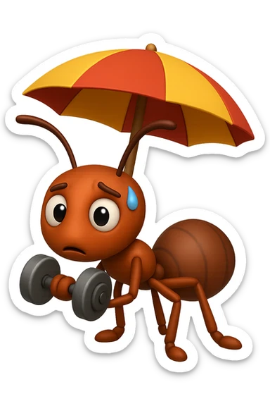 EMOJI STILE IPHONE 3D DI una formica che si allena sotto l'ombrellone in spiaggia con un manubrio da palestra in mano, fagli anche la parte bianca degli occhi, non solo la pupilla sticker