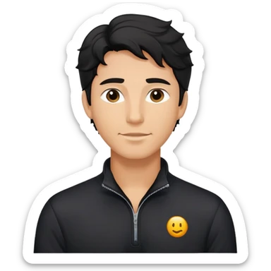 Relaxed fit black quarter-zip shirt on man with wavy black hair, not form-fitting sticker