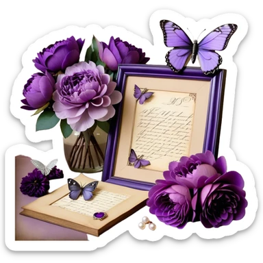 An antique love letter bundle, bound delicately with a purple silk ribbon, rests beside an arrangement of dried blush violet roses, lilac peonies, and soft purple dahlias, while a silver butterfly brooch adorned with pearls seems to pause, captivated by the deep violet inked calligraphy flowing across the aged parchment. sticker