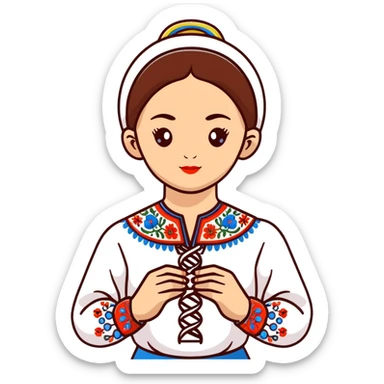 Ukrainian girl in traditional embroidered vyshyvanka shirt holding a DNA molecule in her hand sticker