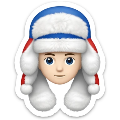 white ushanka winter hat with Russian tricolor flag (white, blue, red) prominently displayed on the front sticker