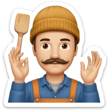 Woodworker mustache knit cap Carharttk shirt hand raised above head sticker