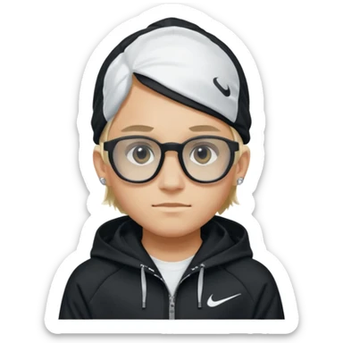 un emoji de un chico emcapuchado blanco con luzes negras e rubias, com uma chaqueta negra nike tech y unas gafas de oakley, con pendientes de diamante, que las gafas sean estilo cuadradas, los pendientes q no se cuelguen, que sean redondos, en las dos cejas un corte, que las gafas no sean circulares sticker