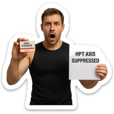 athlete showing box of oral steroids and paper with text 'HPT axis suppressed', shocked expression, isolated on white background sticker
