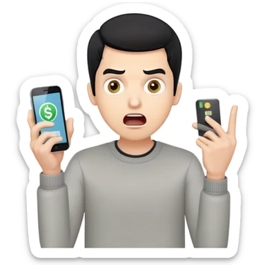 A surprised man with black hair holding a smartphone, wide eyes and open mouth, showing a banking app with a negative balance or notification of stolen money, hands in a shocked gesture, light skin tone, modern clothing, simple emoji style sticker