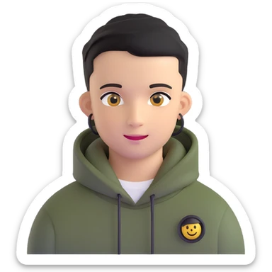 man with black military haircut, brown eyes, wearing 2 circle earrings and a black hoodie with a smiley face sticker