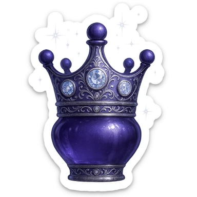 Transform this crown into an even more luxurious small elixir bottle: keep the crown shape and color #7986cb, make the bottom merge smoothly into a bottle/flask, add even richer silver and iridescent details, extra magical glowing and sparkling effects, very small neck, seamless bottom, floating in air, transparent background, no base or shadow, modern, luxury collection style. Style: modern luxury collection, transparent background, floating, intricate silver and iridescent details, magical glowing and sparkling effects. sticker