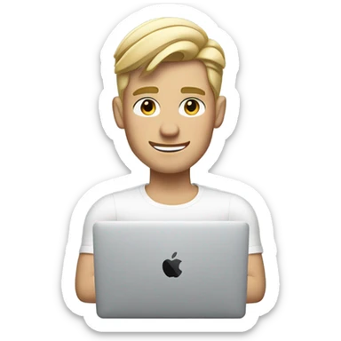 Emoji of a stylish blonde-haired man with a modern haircut, using a MacBook and wearing AirPods. Apple-style, clean design, confident expression. sticker