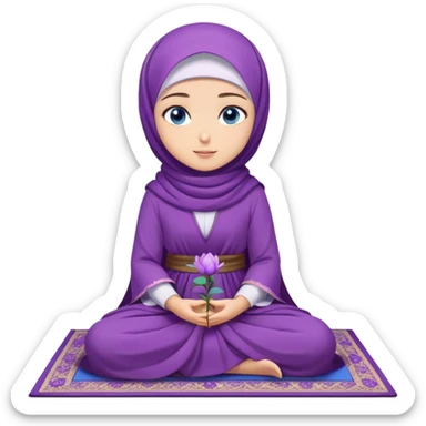 Turkish beautiful finish Konya girl blue eyes with purple flower hijab long tail dress and sits on the pray mat namaz on the ground with Islamic dua  sticker