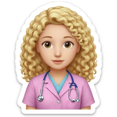 Apple-style emoji of a young woman with long, soft blonde curly hair, wearing light pink medical scrubs

 sticker