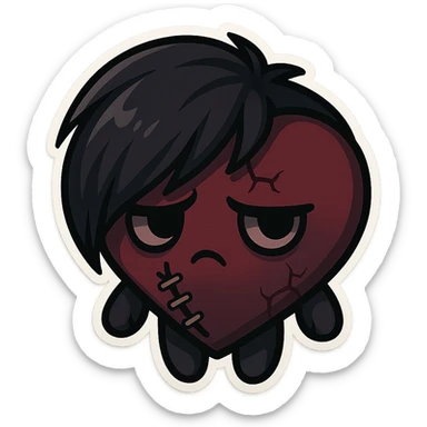 emo heart, black and deep red, stitched, broken or cracked, moody atmosphere, chibi style sticker