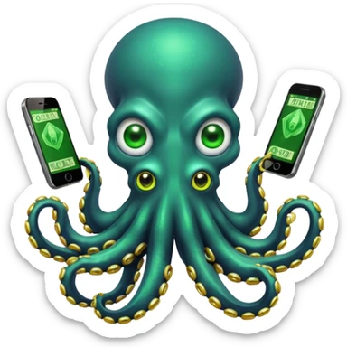 Intimidating octopus with pearl black skin, neon suction cups. Evil glaring eyes. Wearing a thick gold chain. 2 tentacles are holding their own cellphone, 2 more tentacles are holding stacks of money. sticker