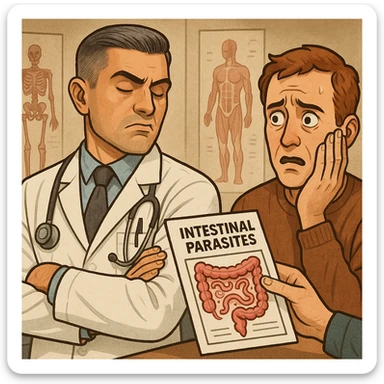 Create a semi-realistic or expressive style image of a male doctor inspired by the reference image, wearing a white coat. The doctor is dismissively turning away from a medical report with intestinal parasites, with a closed or indifferent expression. The patient looks worried. The setting is a doctor's office with anatomical posters. The mood is critical and ironic. sticker