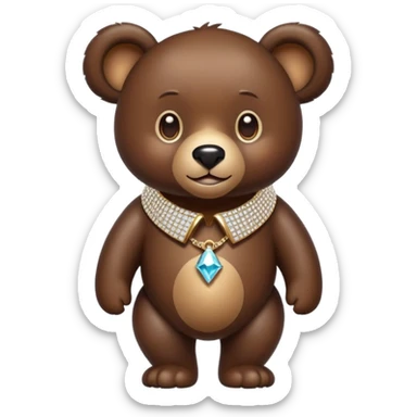 Dark brown bear walking on four paws wearing a luxury diamond-studded collar, shiny gems, minimalist emoji style sticker