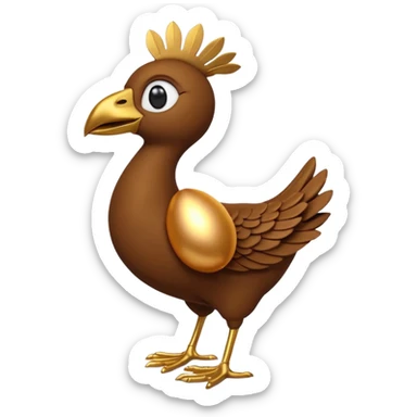 A 3D cartoon Sankofa bird with its head gracefully turned backward holding a golden egg in its beak, symbolizing learning from the past, single bird in frame, gold and brown tones, clean black background, Memoji-style rendering sticker