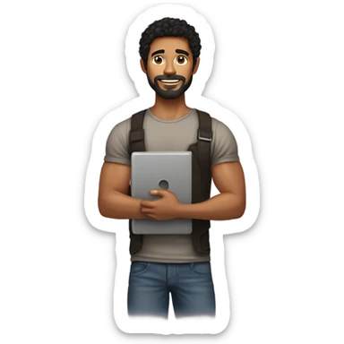 men holding his computer in hands. light brown skin men with curly black hair, dark brown eyes, little grown beard. just a tiny bit muscular. dressed casual. round face. sticker