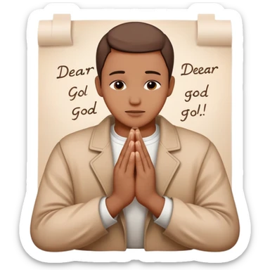 Person with praying hands next to paper with "Dear God" written on it sticker